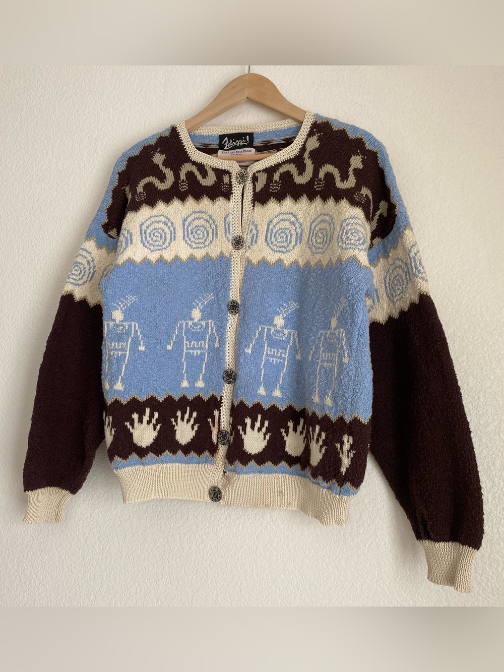 Vintage Felizzi hieroglyphic parietal art hand loomed knitted cardigan sweater - Picture 8 of 16
